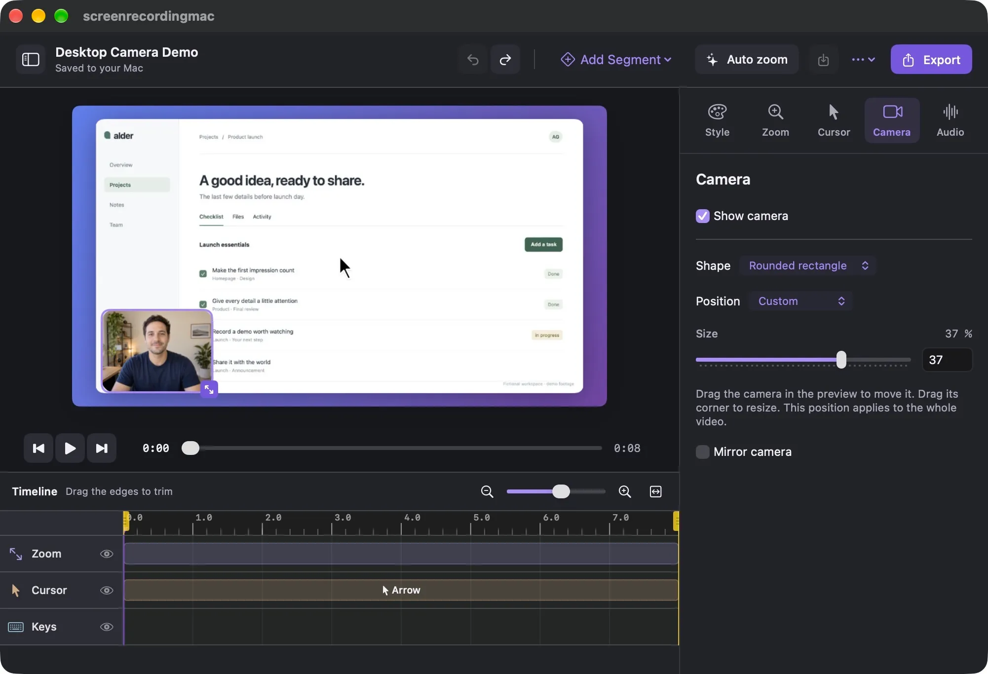 The ScreenRecorder desktop editor in dark mode.