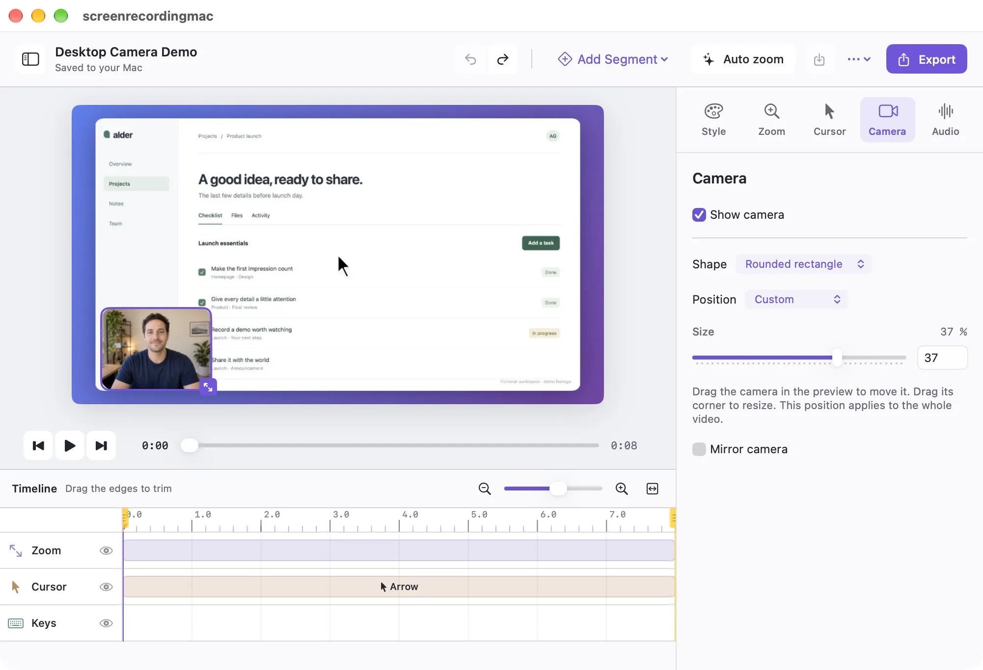 The ScreenRecorder desktop editor with a project preview and timeline.
