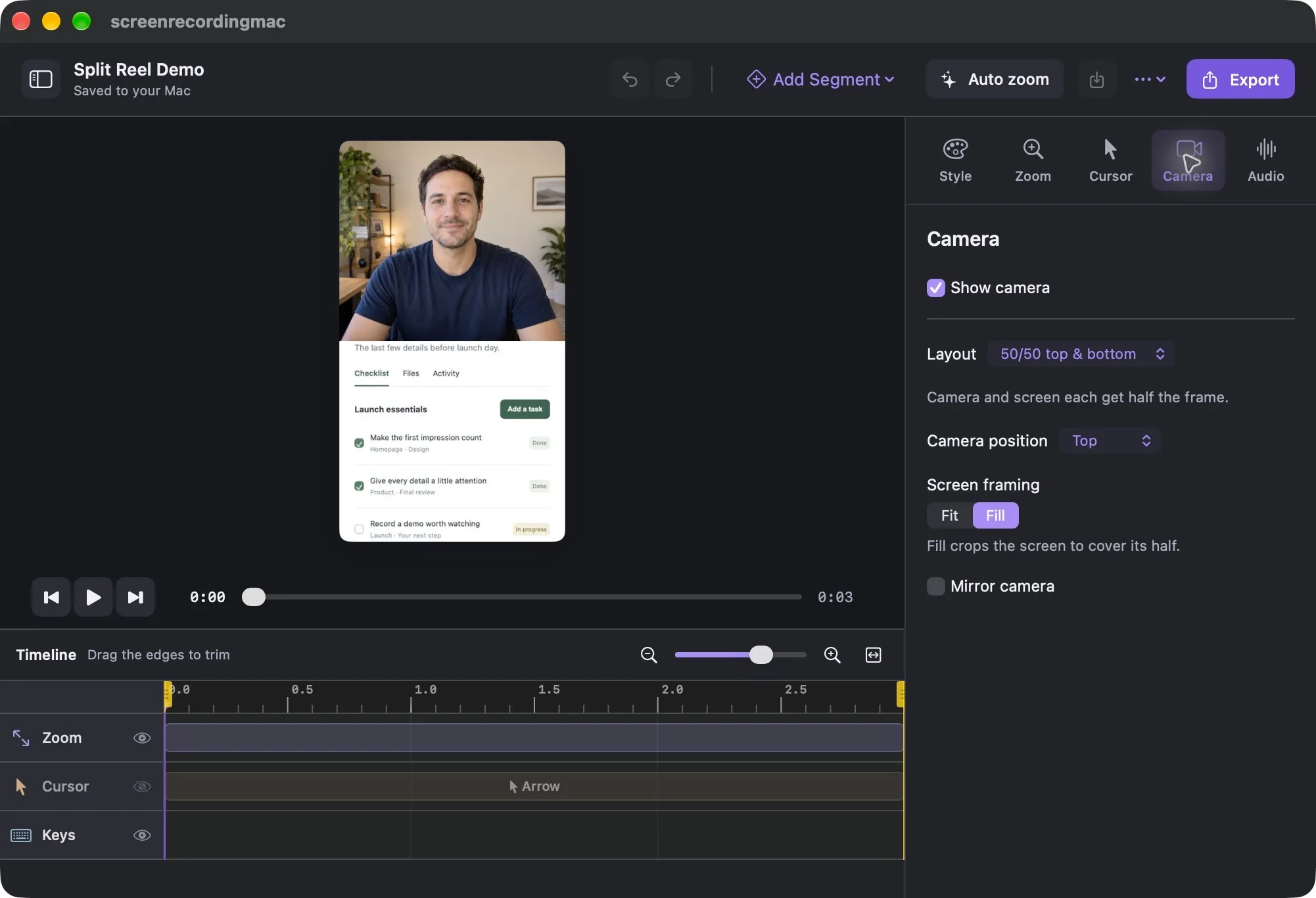 The native Mac editor in dark mode with a portrait Reel and timeline.