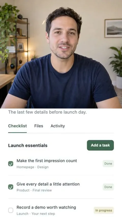 A portrait video with presenter above a phone recording